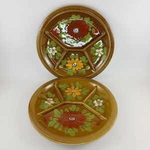 Vtg Pair Floral Ceramic Divided 9.5 in Fondue Appetizer Plates Italy Label MCM